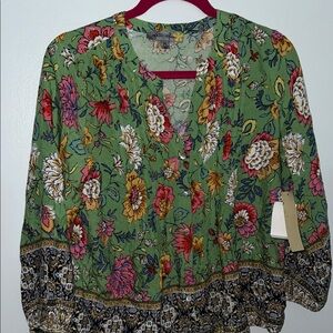 Floral Green Blouse with Red and Yellow Accents